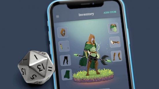 DnD Character Creator guide - website screenshot from Reroll.co showing the app's inventory screen on a smartphone, with a silver D20 dice