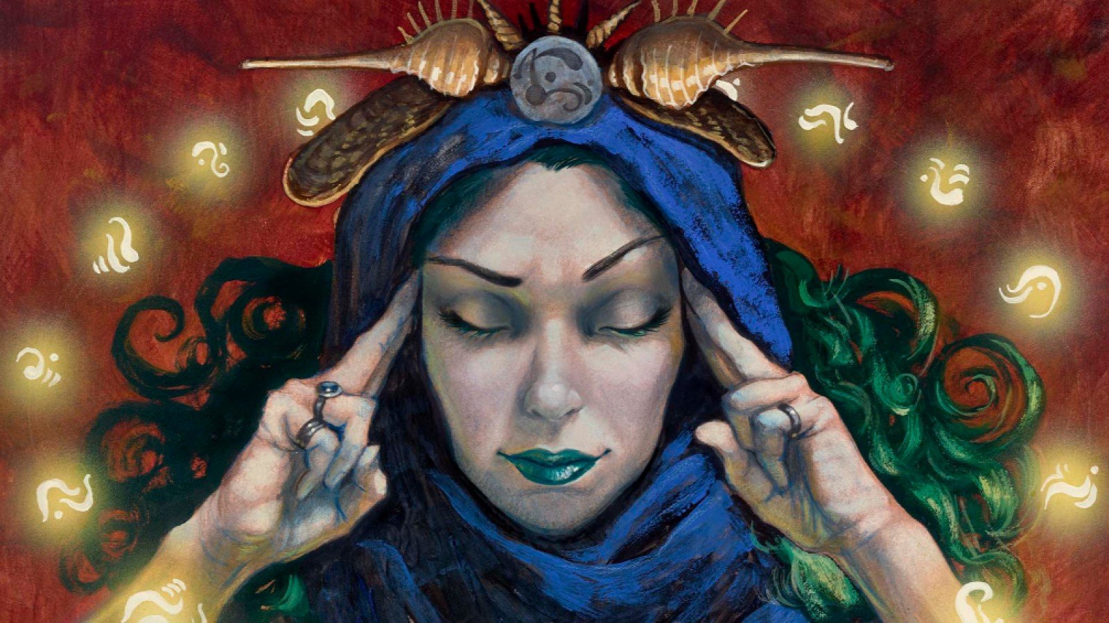 DnD Detect Thoughts 5e - Wizards of the Coast MTG card art for braisntorm showing a woman pointing to her temples