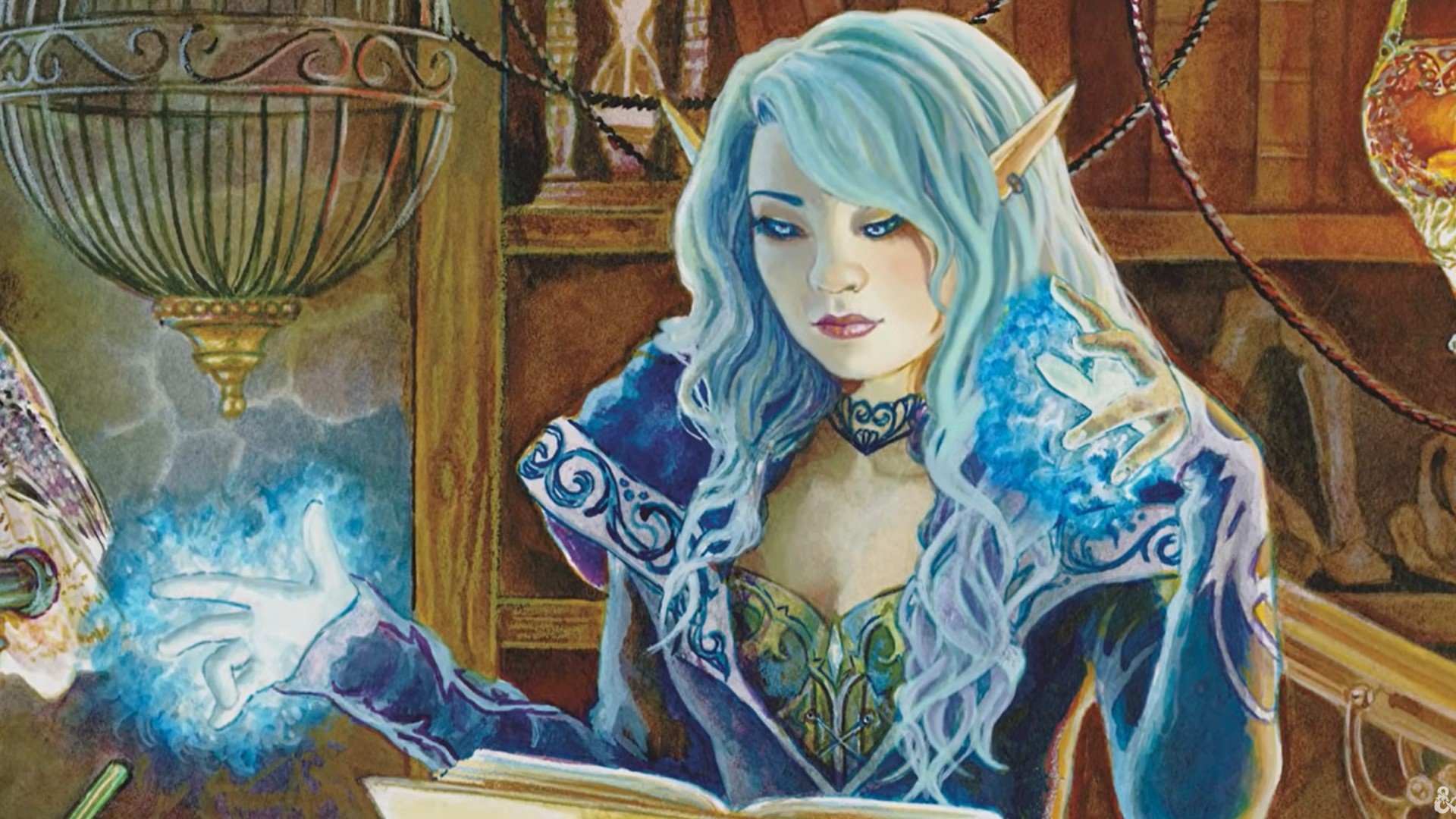 DnD Detect Thoughts 5e - Wizards of the Coast art of an elf wizard with long blue hair