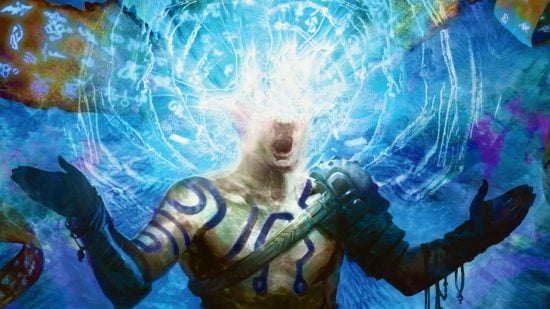 DnD detect thoughts 5e - Wizards of the Coast art of a man with light erupting from the top half of his head (art from Mind Unbound MTG card, Wizards of the Coast)
