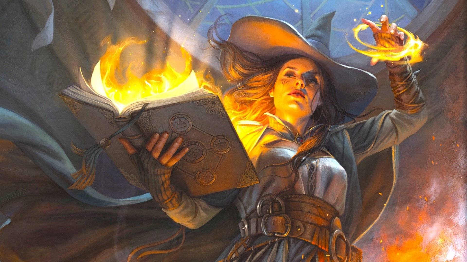 DnD detect thoughts 5e - Wizards of the Coast art of a wizard casting spells from a spellbook