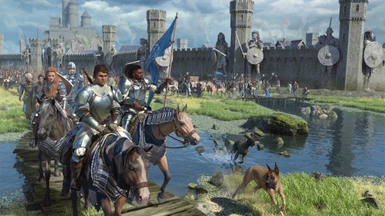 DnD Dragonlance - artwork showing a convoy of knights walking alongside a castle.