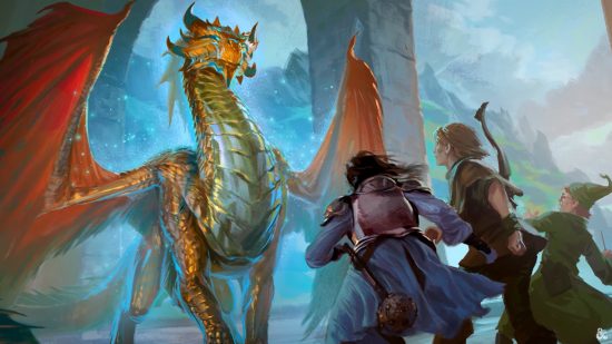 DnD Dragons of Stormwreck Isle review - Wizards of the Coast art of adventurers meeting a gold dragon