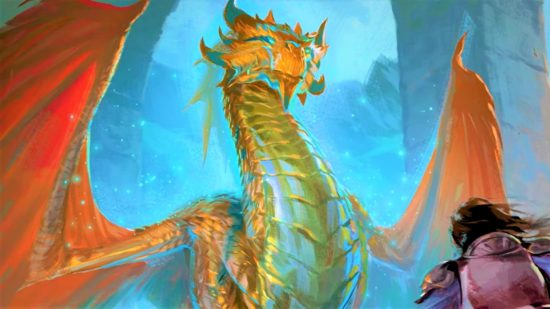 DnD Dragons of Stormwreck Isle review - Wizards of the Coast art of a gold dragon