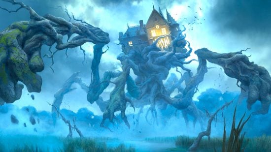 DnD Frightened 5e condition guide - Wizards of the Coast DnD artwork showing a Horrifying Construct enemy looking like a haunted house on legs