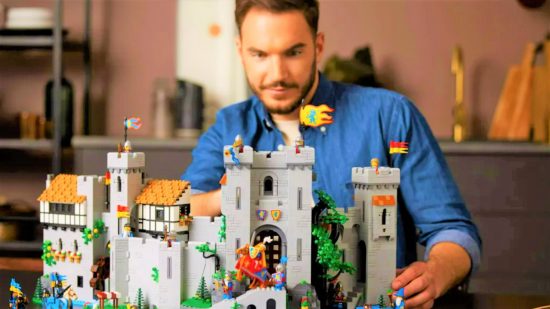 DnD LEGO fan design challenge - LEGO product photo of a man playing with a castle LEGO set