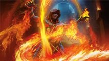 DnD Scorching Ray 5e spell guide - Wizards of the Coast art of a sinister wizard wreathed in flame