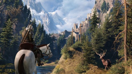 DnD the Witcher: A screenshot of the Witcher 3 showing Geralt approaching a city on roach, with a deer in the frame.