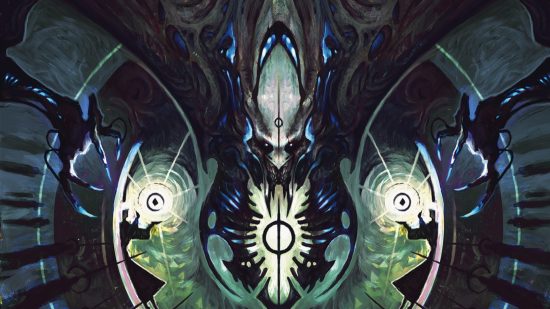 MTG artwork showing a stylized depiction of the phyrexian gix