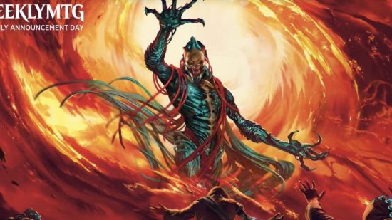 MTG artwork showing the phyrexian gix in a firestorm, with cultists kneeling before him.