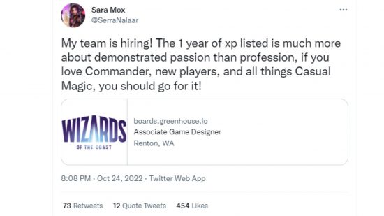 MTG - a WOTC staff member tweeting about a job