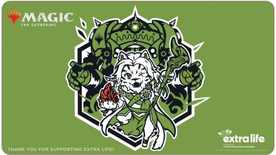 Magic The Gathering - a design featuring a friendly planeswalker Ajani on an MTG playmat.