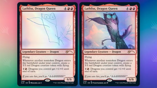 Magic: The Gathering: Two versions of the MTG card Lathliss Dragon Queen, one drawn by a child and the other a professional artists' recreation of that drawing