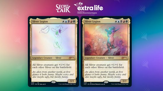Magic: The Gathering: Two versions of the MTG card Sliver Legion, one drawn by a child and the other a professional artists' recreation of that drawing