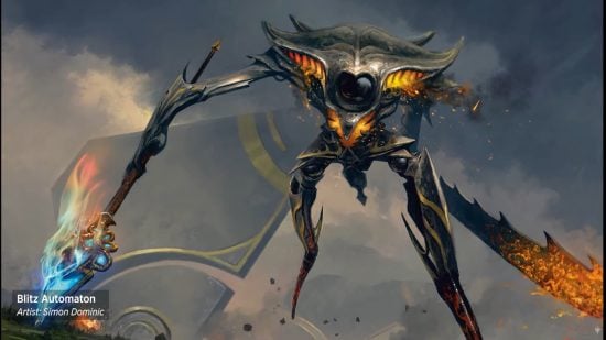 MTG the brothers war release date artwork showing a sleek, black robot with sharpened limbs