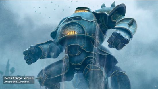 Magic The Gathering The Brothers War release date - artwork of a bulky robot, emerging from the ocean.