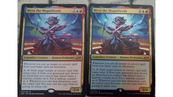 MTG unfinity card myra the magnificent next to a misprinted version
