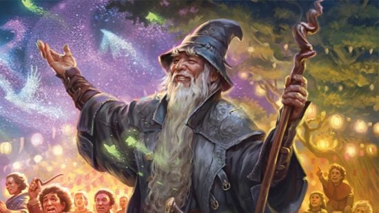 Magic the Gathering gandalf performing party tricks for hobbits in the shire.