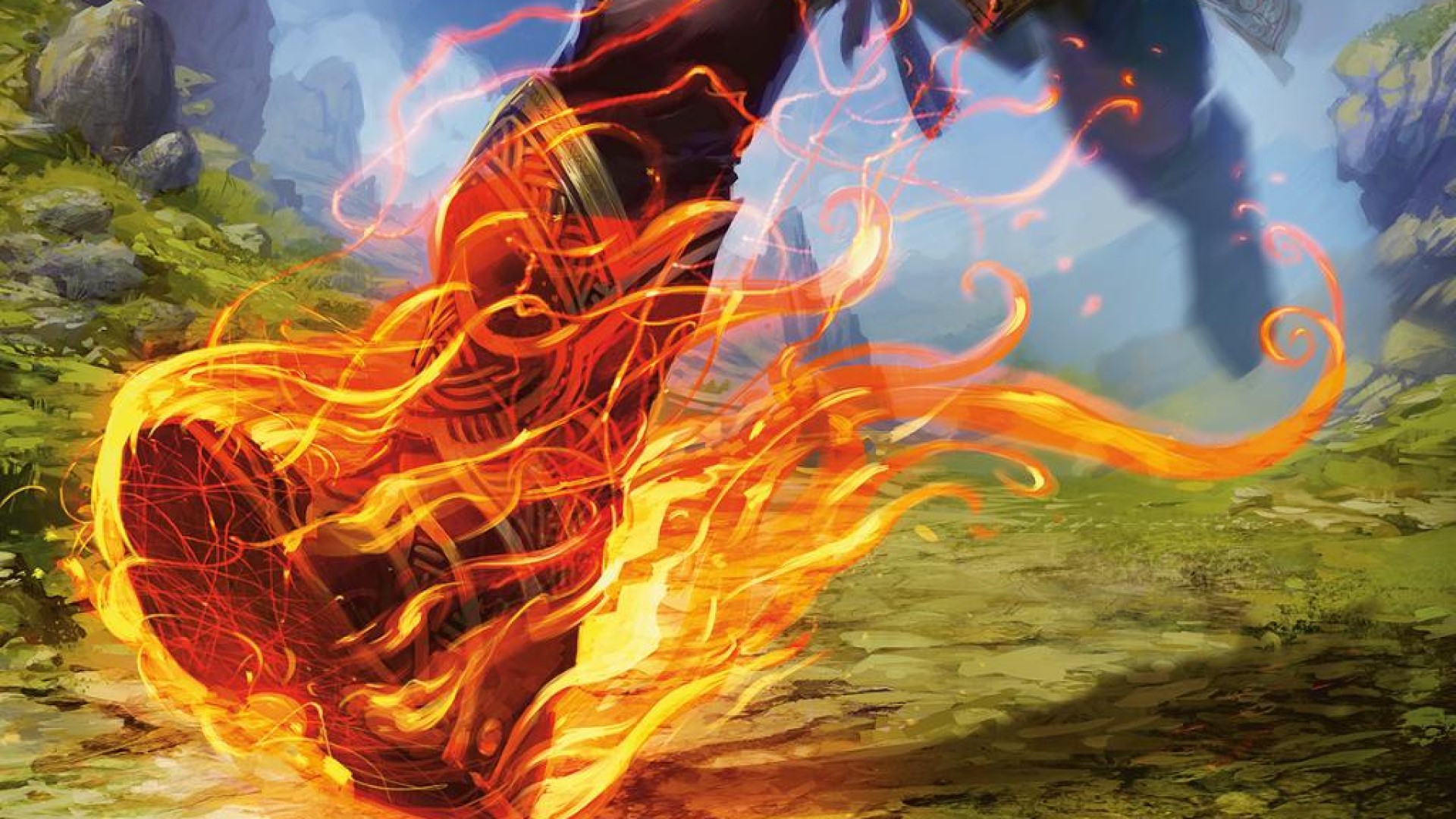 MTG hexproof: Artwork of a person running wearing flaming boots.