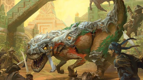 MTG hexproof: An armoured dinosaur attacking pirates in aztec temple