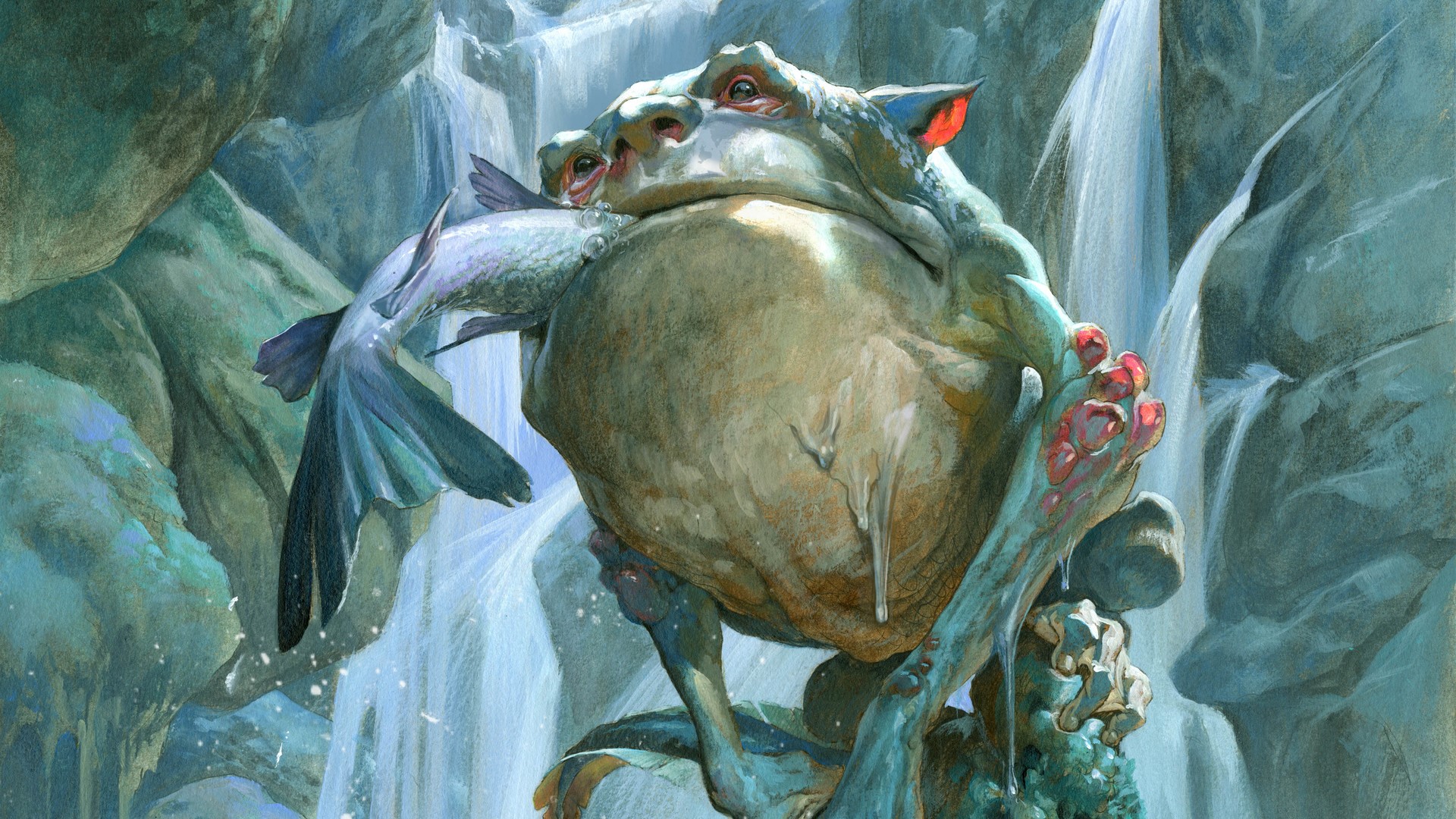 MTG hexproof: A mottled green humanoid eating a fish raw.