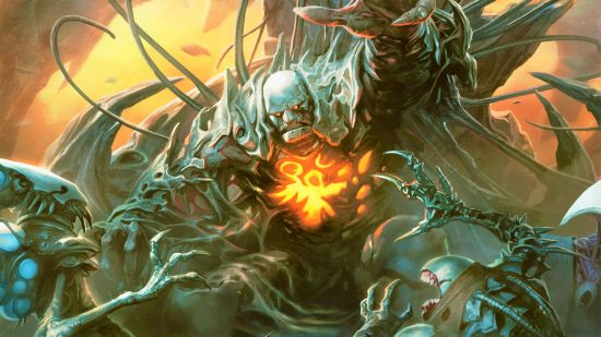 MTG Myrs return teaser - Wizards of the Coast art of Karn surrounded by Phyrexians