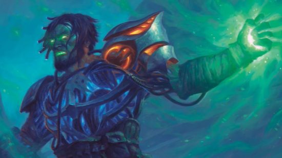 MTG The Brothers War, Mishra as a cyborg, clutching the green weakstone.