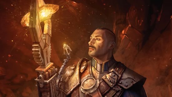 MTG the brothers war retro artifacts - A man in cool mechanical armor holding a glowing powerstone in a huge metal claw.