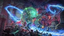Pathfinder Wrath of the Righteous DLC - artwork showing a Pathfinder party of evil characters battling a demon.