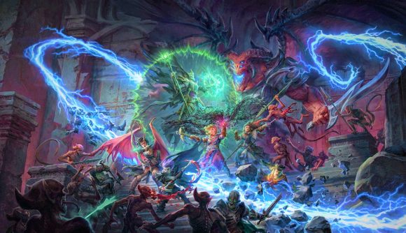 Pathfinder Wrath of the Righteous DLC - artwork showing a Pathfinder party of evil characters battling a demon.