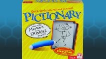 Pictionary games box on blue background