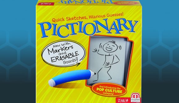 Pictionary games box on blue background