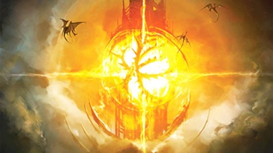 SolForge Fusion release date - Stone Blade Entertainment image showing the SolForge in its tower with dragons flying around