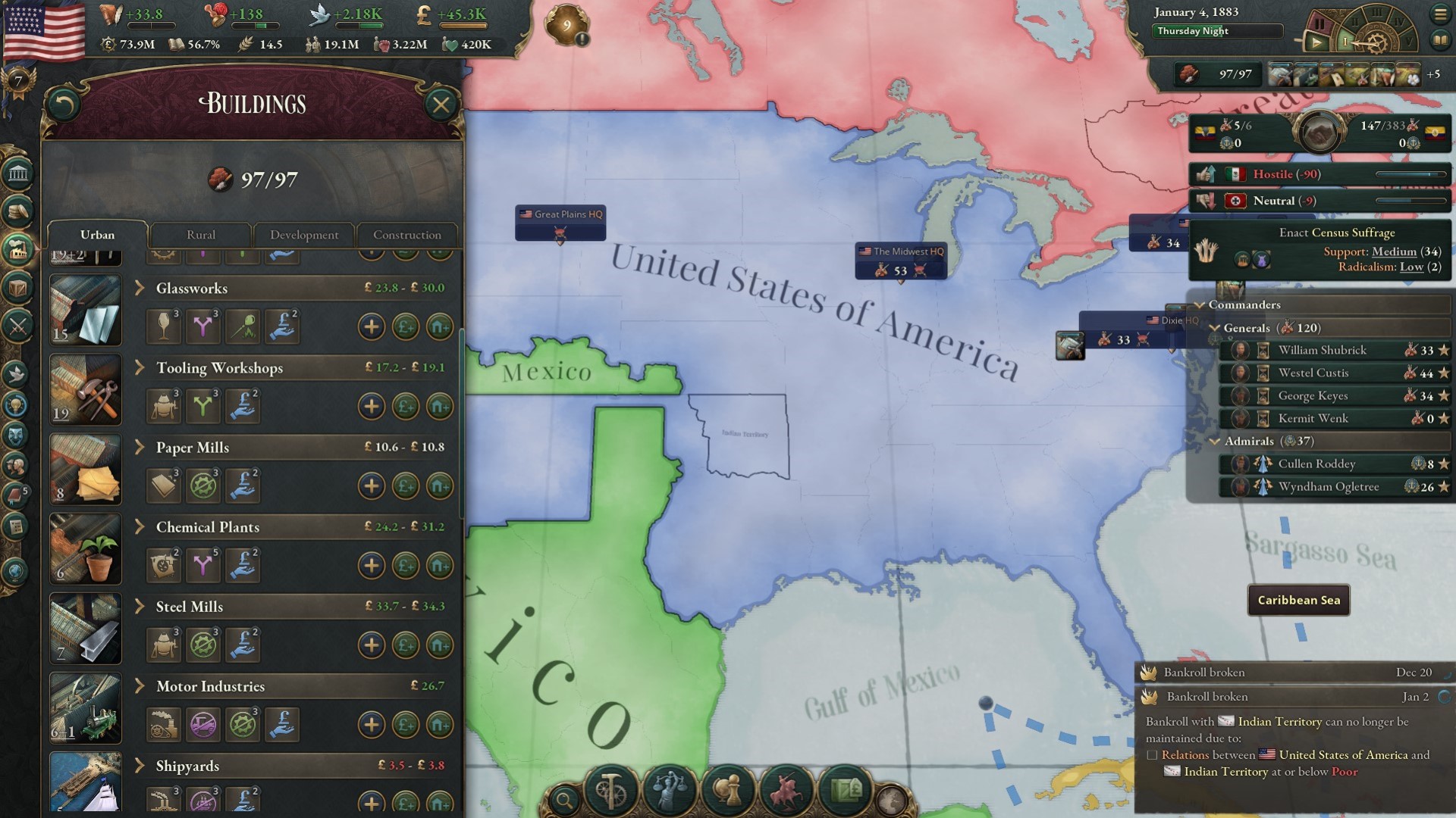 Victoria 3 review - a screenshot showing buildings in the USA