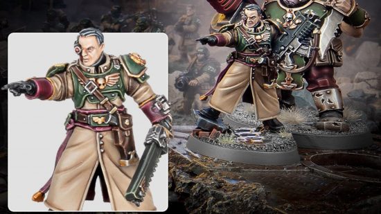 Warhammer 40k Astra Militarum Cadian Castellan reveal - Games Workshop image showing two different variants of the cadian castellan model with different head options