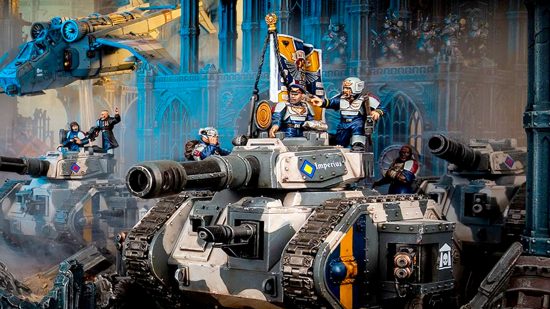 Warhammer 40k balance dataslate confirmed - Games Workshop image showing an Astra Militarum Leman Russ Battle Tank rolling into the fight