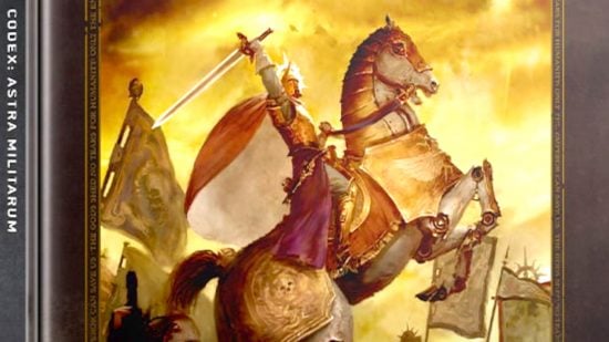 Warhammer 40k codex release dates - Games Workshop artwork from the cover of the new astra militarum codex showing lord solar leontus on his robot horse Konstantin