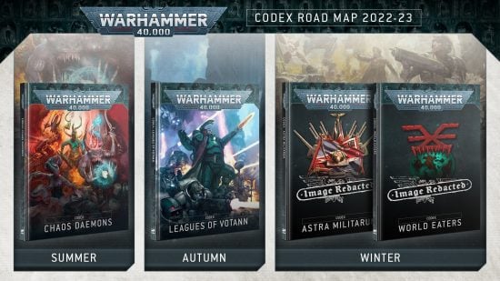 Warhammer 40k codex release dates - Games Workshop graphic showing the winter 2022-23 codexes including Astra Militarum and World Eaters