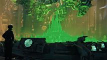 Warhammer 40k Darktide - a holographic green map of a gothic Warhammer building