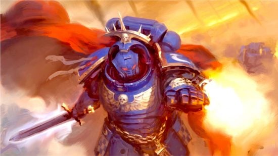 Warhammer 40k factions - Games Workshop artwork showing an Ultramarines Space Marine captain in gravis armour firing his boltstorm gauntlet