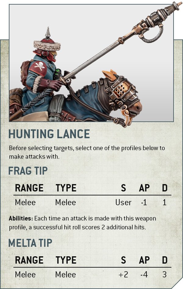 Warhammer 40k Imperial Guard Rough Riders plastic models reveal - Games Workshop image showing the stat block for the attilan rough rider hunting lance