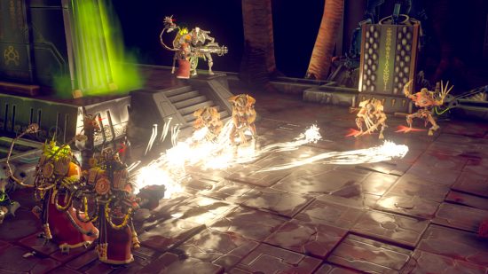 Warhammer 40k Mechanicus free on epic games October 2022 - Publisher screenshot showing tech priest units shooting Necron Flayed Ones
