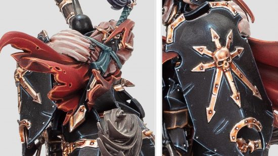 Warhammer Age of Sigmar Slaves to Darkness Chaos Knights musician model reveal - Games Workshop image showing close up details on the Chaos Knights musician model