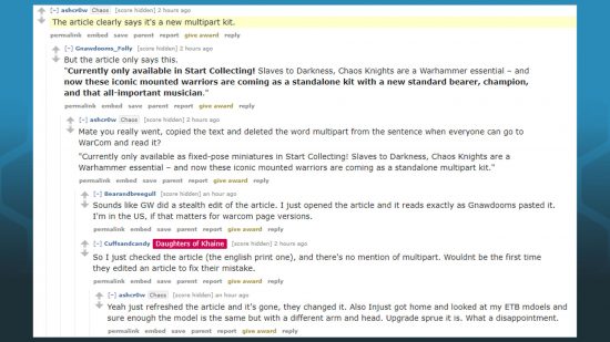 Warhammer Age of Sigmar Slaves to Darkness Chaos Knights musician model reveal - Reddit screenshot showing users discussing the removal of the reference to "multipart" in Warhammer Community's article