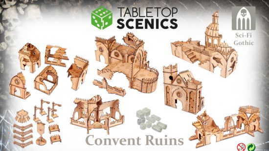 TTCombat Warhammer 40k terrain bundle - TTcombat image showing MDF models of ruined buildings from a sci-fi gothic cathedral