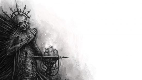 Dark Souls meets Warhammer - Illustration by Martin McCoy of a mummy praying by a table covered in candles