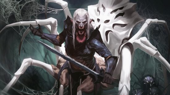DnD Poisoned 5e guide - Wizards of the Coast artwork showing a Drow character with a poison weapon, with a giant spider behind