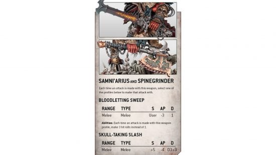 Warhammer 40k Angron - Codex snippet by Games Workshop showing information about the models melee attacks, plus the large axe and sword on the model