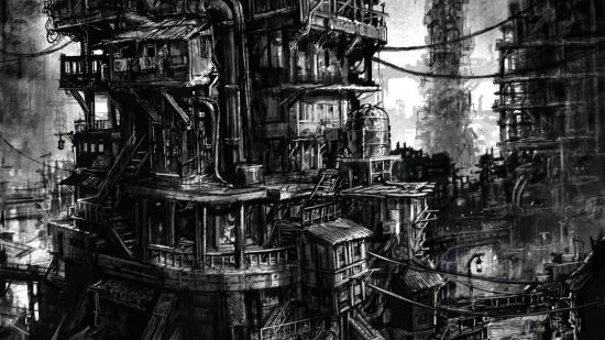 Warhammer 40k Necromunda Underhive: black and white illustration from Sumphulk by David Bell of a towering shanty town rising from the sump sea