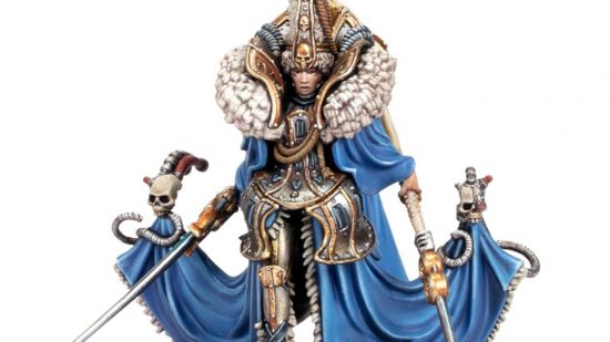 Warhammer 40k Necromunda special character Lady Haera model, photo by Games Workshop, of a noblewoman in a flowing blue dress and baroque steel armour carrying a sword and spear